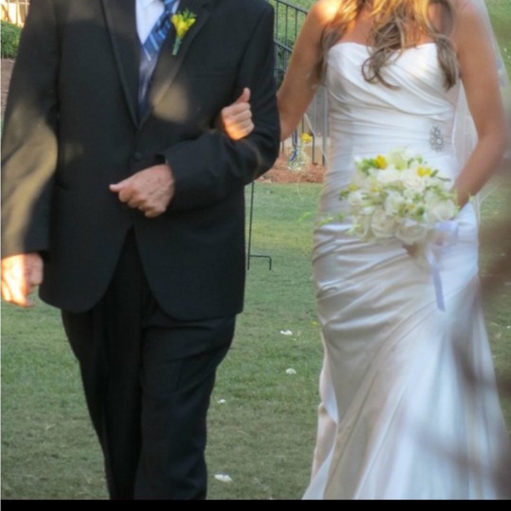 White satin strap lace rushed wedding dress. Mermaid style, custom side bussel